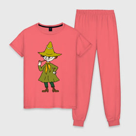 Женская пижама хлопок с принтом Снусмумрик , 100% хлопок | брюки и футболка прямого кроя, без карманов, на брюках мягкая резинка на поясе и по низу штанин | муми тролль