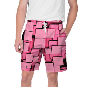 Мужские шорты 3D с принтом Кубики ,  полиэстер 100% | прямой крой, два кармана без застежек по бокам. Мягкая трикотажная резинка на поясе, внутри которой широкие завязки. Длина чуть выше колен | квадраты | объем | плитка | розовый