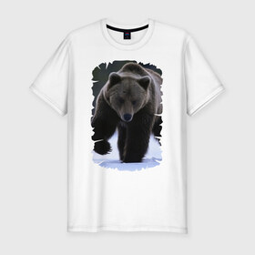 Мужская футболка премиум с принтом Русский медведь , 92% хлопок, 8% лайкра | приталенный силуэт, круглый вырез ворота, длина до линии бедра, короткий рукав | берлога | животное | зверь | косолапый | медведь | мишка | потапыч | хищник | хозяин тайги