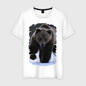 Мужская футболка хлопок с принтом Русский медведь , 100% хлопок | прямой крой, круглый вырез горловины, длина до линии бедер, слегка спущенное плечо. | берлога | животное | зверь | косолапый | медведь | мишка | потапыч | хищник | хозяин тайги