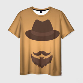Мужская футболка 3D с принтом Усач в шляпе , 100% полиэфир | прямой крой, круглый вырез горловины, длина до линии бедер | Тематика изображения на принте: борода | усы | хипстер | шляпа
