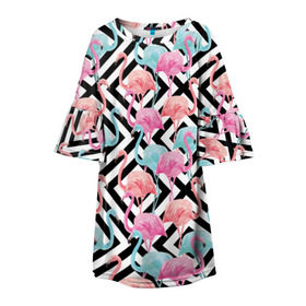 Детское платье 3D с принтом Flamingo , 100% полиэстер | прямой силуэт, чуть расширенный к низу. Круглая горловина, на рукавах — воланы | flamingo