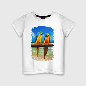 Детская футболка хлопок с принтом Попугаи , 100% хлопок | круглый вырез горловины, полуприлегающий силуэт, длина до линии бедер | джунгли | клюв | острова | перья | попугай | птица | тропики | экзотика