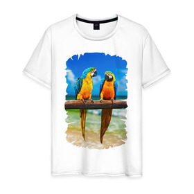 Мужская футболка хлопок с принтом Попугаи , 100% хлопок | прямой крой, круглый вырез горловины, длина до линии бедер, слегка спущенное плечо. | джунгли | клюв | острова | перья | попугай | птица | тропики | экзотика
