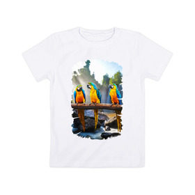 Детская футболка хлопок с принтом Попугаи на ветке , 100% хлопок | круглый вырез горловины, полуприлегающий силуэт, длина до линии бедер | Тематика изображения на принте: джунгли | клюв | острова | перья | попугай | птица | тропики | экзотика