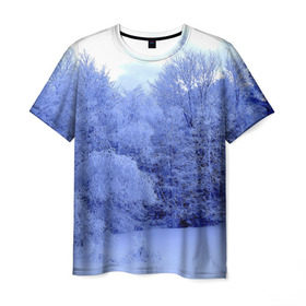 Мужская футболка 3D с принтом Зима , 100% полиэфир | прямой крой, круглый вырез горловины, длина до линии бедер | деревья | природа | синий | снег | снежный