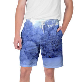 Мужские шорты 3D с принтом Зима ,  полиэстер 100% | прямой крой, два кармана без застежек по бокам. Мягкая трикотажная резинка на поясе, внутри которой широкие завязки. Длина чуть выше колен | деревья | природа | синий | снег | снежный