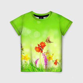 Детская футболка 3D с принтом Цветы , 100% гипоаллергенный полиэфир | прямой крой, круглый вырез горловины, длина до линии бедер, чуть спущенное плечо, ткань немного тянется | бабочка | красивая | насекомые | природа | цветок