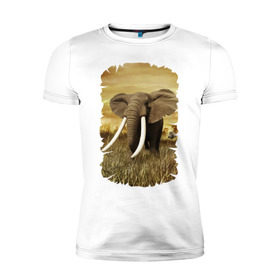 Мужская футболка премиум с принтом Могучий слон , 92% хлопок, 8% лайкра | приталенный силуэт, круглый вырез ворота, длина до линии бедра, короткий рукав | Тематика изображения на принте: elephant | африка | бивни | джунгли | мамонт | савана | сафари | слон | хобот