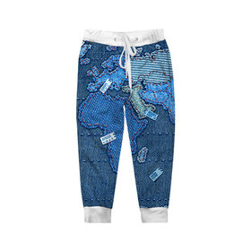 Детские брюки 3D с принтом Джинсовый 4 , 100% полиэстер | манжеты по низу, эластичный пояс регулируется шнурком, по бокам два кармана без застежек, внутренняя часть кармана из мелкой сетки | джинсовый | джинсы | карта | мир
