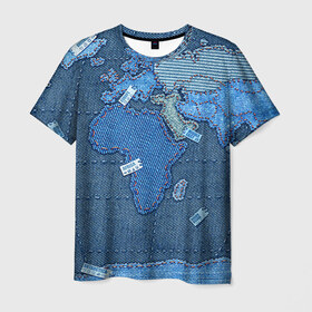 Мужская футболка 3D с принтом Джинсовый 4 , 100% полиэфир | прямой крой, круглый вырез горловины, длина до линии бедер | джинсовый | джинсы | карта | мир