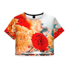 Женская футболка 3D укороченная с принтом Георгины , 100% полиэстер | круглая горловина, длина футболки до линии талии, рукава с отворотами | букет | георгины | красота | цветы