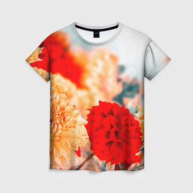 Женская футболка 3D с принтом Георгины , 100% полиэфир ( синтетическое хлопкоподобное полотно) | прямой крой, круглый вырез горловины, длина до линии бедер | букет | георгины | красота | цветы