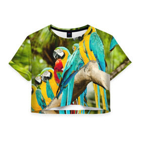 Женская футболка 3D укороченная с принтом Попугаи на ветке , 100% полиэстер | круглая горловина, длина футболки до линии талии, рукава с отворотами | Тематика изображения на принте: джунгли | клюв | острова | перья | попугай | птица | тропики | экзотика