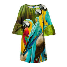 Детское платье 3D с принтом Попугаи на ветке , 100% полиэстер | прямой силуэт, чуть расширенный к низу. Круглая горловина, на рукавах — воланы | джунгли | клюв | острова | перья | попугай | птица | тропики | экзотика