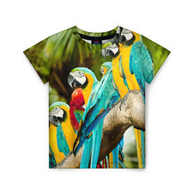 Детская футболка 3D с принтом Попугаи на ветке , 100% гипоаллергенный полиэфир | прямой крой, круглый вырез горловины, длина до линии бедер, чуть спущенное плечо, ткань немного тянется | джунгли | клюв | острова | перья | попугай | птица | тропики | экзотика