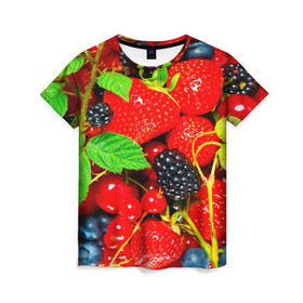 Женская футболка 3D с принтом Ягоды , 100% полиэфир ( синтетическое хлопкоподобное полотно) | прямой крой, круглый вырез горловины, длина до линии бедер | малина | ягода | ягодка | ягодная