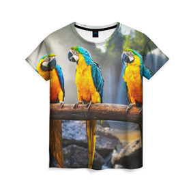 Женская футболка 3D с принтом Экзотические попугаи , 100% полиэфир ( синтетическое хлопкоподобное полотно) | прямой крой, круглый вырез горловины, длина до линии бедер | джунгли | клюв | острова | перья | попугай | птица | тропики | экзотика
