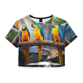 Женская футболка 3D укороченная с принтом Экзотические попугаи , 100% полиэстер | круглая горловина, длина футболки до линии талии, рукава с отворотами | Тематика изображения на принте: джунгли | клюв | острова | перья | попугай | птица | тропики | экзотика