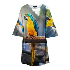 Детское платье 3D с принтом Экзотические попугаи , 100% полиэстер | прямой силуэт, чуть расширенный к низу. Круглая горловина, на рукавах — воланы | Тематика изображения на принте: джунгли | клюв | острова | перья | попугай | птица | тропики | экзотика
