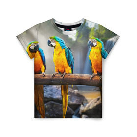Детская футболка 3D с принтом Экзотические попугаи , 100% гипоаллергенный полиэфир | прямой крой, круглый вырез горловины, длина до линии бедер, чуть спущенное плечо, ткань немного тянется | джунгли | клюв | острова | перья | попугай | птица | тропики | экзотика