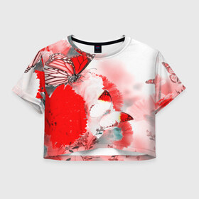 Женская футболка 3D укороченная с принтом Цветы , 100% полиэстер | круглая горловина, длина футболки до линии талии, рукава с отворотами | бабочка | лепесток | природа | цветок | яркая