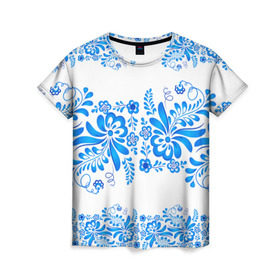 Женская футболка 3D с принтом Гжель , 100% полиэфир ( синтетическое хлопкоподобное полотно) | прямой крой, круглый вырез горловины, длина до линии бедер | роспись | россия | русь | узор