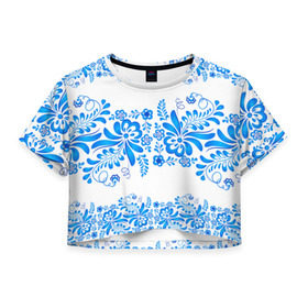 Женская футболка 3D укороченная с принтом Гжель , 100% полиэстер | круглая горловина, длина футболки до линии талии, рукава с отворотами | роспись | россия | русь | узор