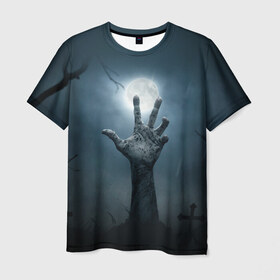 Мужская футболка 3D с принтом Рука зомби , 100% полиэфир | прямой крой, круглый вырез горловины, длина до линии бедер | кладбище | луна | мертвец