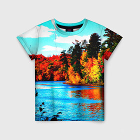 Детская футболка 3D с принтом Озеро , 100% гипоаллергенный полиэфир | прямой крой, круглый вырез горловины, длина до линии бедер, чуть спущенное плечо, ткань немного тянется | деревья | красные листья | кусты | осень | природа | река