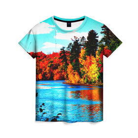 Женская футболка 3D с принтом Озеро , 100% полиэфир ( синтетическое хлопкоподобное полотно) | прямой крой, круглый вырез горловины, длина до линии бедер | деревья | красные листья | кусты | осень | природа | река
