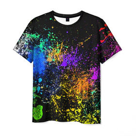 Мужская футболка 3D с принтом Брызги красок , 100% полиэфир | прямой крой, круглый вырез горловины, длина до линии бедер | кляксы | цветной | яркий