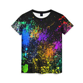 Женская футболка 3D с принтом Брызги красок , 100% полиэфир ( синтетическое хлопкоподобное полотно) | прямой крой, круглый вырез горловины, длина до линии бедер | Тематика изображения на принте: кляксы | цветной | яркий