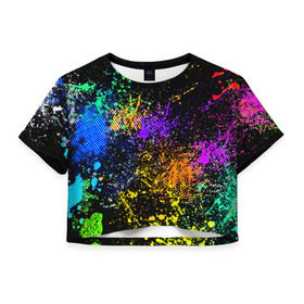 Женская футболка 3D укороченная с принтом Брызги красок , 100% полиэстер | круглая горловина, длина футболки до линии талии, рукава с отворотами | Тематика изображения на принте: кляксы | цветной | яркий