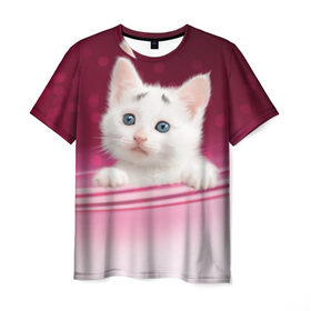 Мужская футболка 3D с принтом Белый котёнок , 100% полиэфир | прямой крой, круглый вырез горловины, длина до линии бедер | киска | кот | котёнок | кошка | прикольные картинки