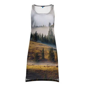 Платье-майка 3D с принтом Туман в горах , 100% полиэстер | полуприлегающий силуэт, широкие бретели, круглый вырез горловины, удлиненный подол сзади. | пейзаж
