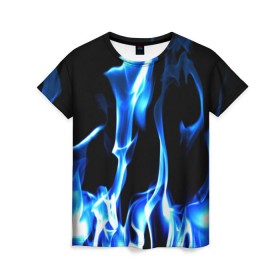 Женская футболка 3D с принтом Огонь , 100% полиэфир ( синтетическое хлопкоподобное полотно) | прямой крой, круглый вырез горловины, длина до линии бедер | пламя | синее | яркий
