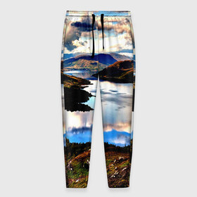 Мужские брюки 3D с принтом Озеро , 100% полиэстер | манжеты по низу, эластичный пояс регулируется шнурком, по бокам два кармана без застежек, внутренняя часть кармана из мелкой сетки | весна | горы | кусты | лето | небо | озеро | природа