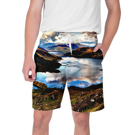 Мужские шорты 3D с принтом Озеро ,  полиэстер 100% | прямой крой, два кармана без застежек по бокам. Мягкая трикотажная резинка на поясе, внутри которой широкие завязки. Длина чуть выше колен | весна | горы | кусты | лето | небо | озеро | природа