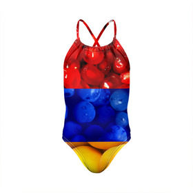 Детский купальник 3D с принтом Флаг Армении , Полиэстер 85%, Спандекс 15% | Слитный крой, подклад по переду изделия, узкие бретели | Тематика изображения на принте: армения | гранат | персик | слива | страны | флаг армении | фрукты