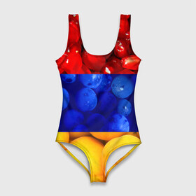 Купальник-боди 3D с принтом Флаг Армении , 82% полиэстер, 18% эластан | Круглая горловина, круглый вырез на спине | армения | гранат | персик | слива | страны | флаг армении | фрукты