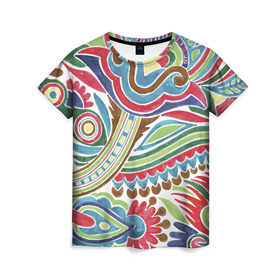 Женская футболка 3D с принтом Хохлома красками , 100% полиэфир ( синтетическое хлопкоподобное полотно) | прямой крой, круглый вырез горловины, длина до линии бедер | народный | орнамент | роспись | традиционный