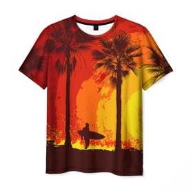 Мужская футболка 3D с принтом Summer Surf , 100% полиэфир | прямой крой, круглый вырез горловины, длина до линии бедер | закат | лето | пейзаж | серфинг | тропики