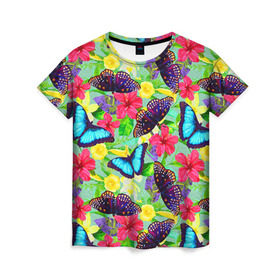 Женская футболка 3D с принтом Summer Butterflies , 100% полиэфир ( синтетическое хлопкоподобное полотно) | прямой крой, круглый вырез горловины, длина до линии бедер | бабочки | лето | пестрый | разноцветный