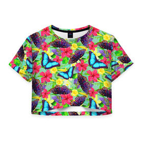 Женская футболка 3D укороченная с принтом Summer Butterflies , 100% полиэстер | круглая горловина, длина футболки до линии талии, рукава с отворотами | Тематика изображения на принте: бабочки | лето | пестрый | разноцветный