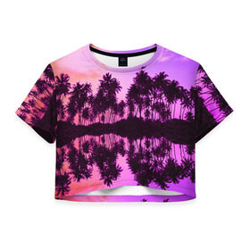 Женская футболка 3D укороченная с принтом Hawaii dream , 100% полиэстер | круглая горловина, длина футболки до линии талии, рукава с отворотами | гавайи | закат | пляж