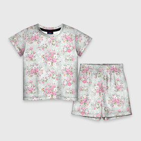 Детский костюм с шортами 3D с принтом Flower pattern ,  |  | белый | паттерн | розовый | цветы