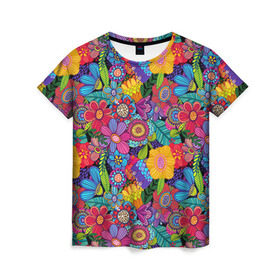 Женская футболка 3D с принтом Яркие цветы , 100% полиэфир ( синтетическое хлопкоподобное полотно) | прямой крой, круглый вырез горловины, длина до линии бедер | летний | разноцветный | цветы | яркий
