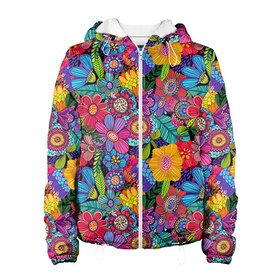 Женская куртка 3D с принтом Яркие цветы , ткань верха — 100% полиэстер, подклад — флис | прямой крой, подол и капюшон оформлены резинкой с фиксаторами, два кармана без застежек по бокам, один большой потайной карман на груди. Карман на груди застегивается на липучку | летний | разноцветный | цветы | яркий