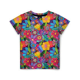 Детская футболка 3D с принтом Яркие цветы , 100% гипоаллергенный полиэфир | прямой крой, круглый вырез горловины, длина до линии бедер, чуть спущенное плечо, ткань немного тянется | летний | разноцветный | цветы | яркий